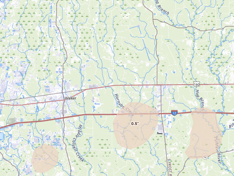Radar-estimated hail-size map of the storm over Livingston, LA on Jun 19, 2026