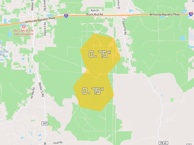 Hail map of Livingston, LA on Jul 1, 2026, hail up to 0.75"