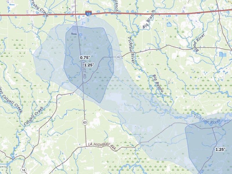 NEXRAD radar-signature map of the hail storm over Livingston, LA on Aug 21, 2026