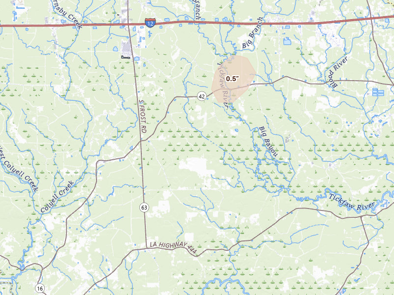 Radar-estimated hail-size map of the storm over Livingston, LA on Aug 23, 2026