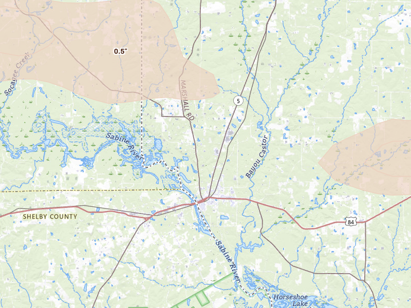 Radar-estimated hail-size map of the storm over Logansport, LA on Mar 15, 2026