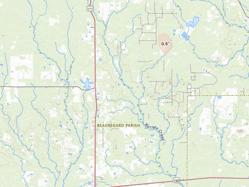 Radar-estimated hail-size map of the storm over Longville, LA on Jun 3, 2026