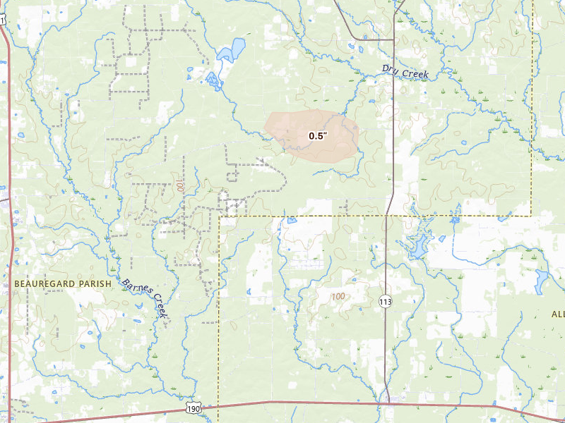 Radar-estimated hail-size map of the storm over Longville, LA on Aug 7, 2026
