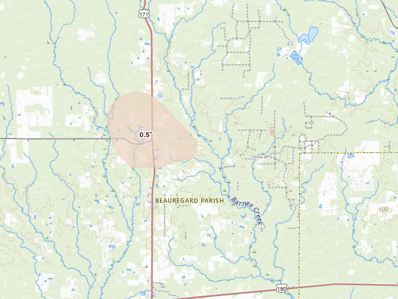 Radar-estimated hail-size map of the storm over Longville, LA on Aug 8, 2026