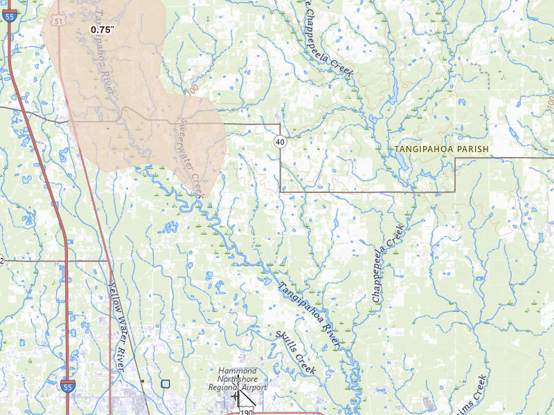 Radar-estimated hail-size map of the storm over Loranger, LA on Jul 5, 2026