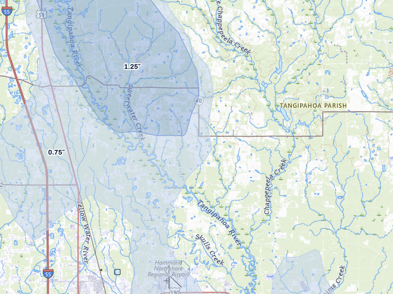 NEXRAD radar-signature map of the hail storm over Loranger, LA on Jul 5, 2026