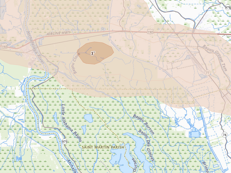 Radar-estimated hail-size map of the storm over Lottie, LA on May 8, 2026