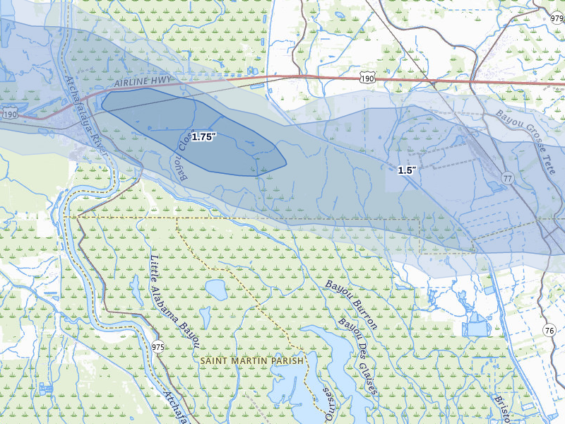 NEXRAD radar-signature map of the hail storm over Lottie, LA on May 8, 2026