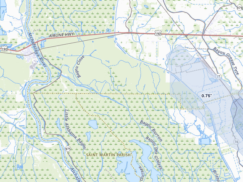 NEXRAD radar-signature map of the hail storm over Lottie, LA on Jul 5, 2026
