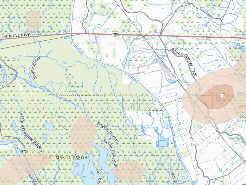 Radar-estimated hail-size map of the storm over Lottie, LA on Aug 21, 2026