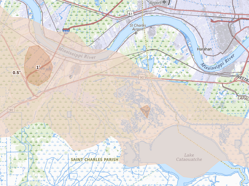 Radar-estimated hail-size map of the storm over Luling, LA on May 8, 2026