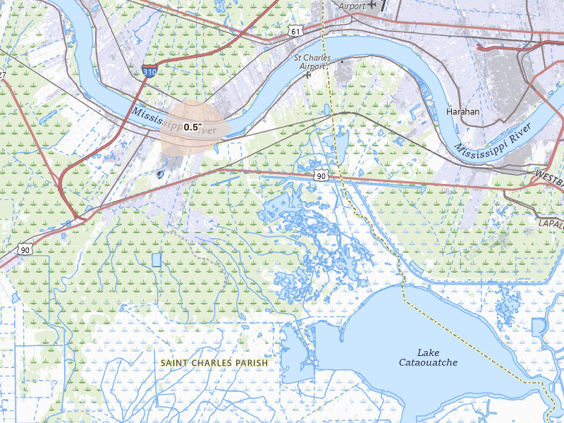 Radar-estimated hail-size map of the storm over Luling, LA on Jun 20, 2026