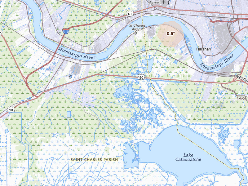 Radar-estimated hail-size map of the storm over Luling, LA on Jul 8, 2026