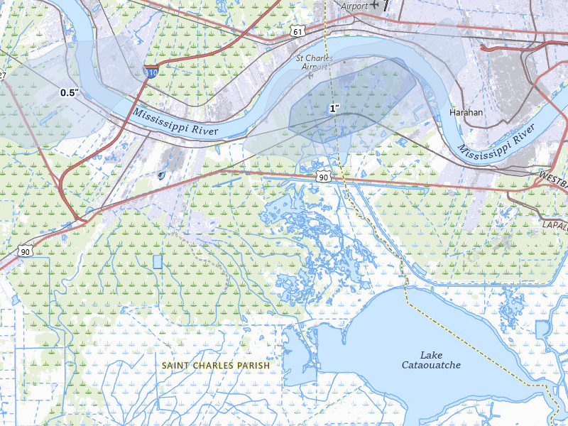 NEXRAD radar-signature map of the hail storm over Luling, LA on Jul 8, 2026