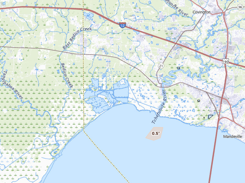 Radar-estimated hail-size map of the storm over Madisonville, LA on Jun 20, 2026