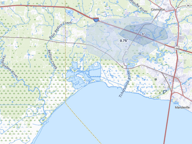NEXRAD radar-signature map of the hail storm over Madisonville, LA on Jul 1, 2026