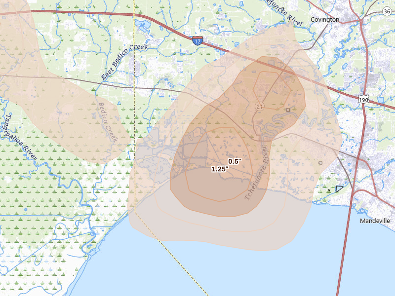 Radar-estimated hail-size map of the storm over Madisonville, LA on Aug 21, 2026