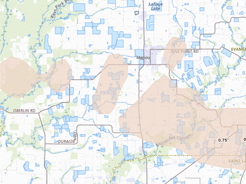 Radar-estimated hail-size map of the storm over Mamou, LA on Mar 15, 2026