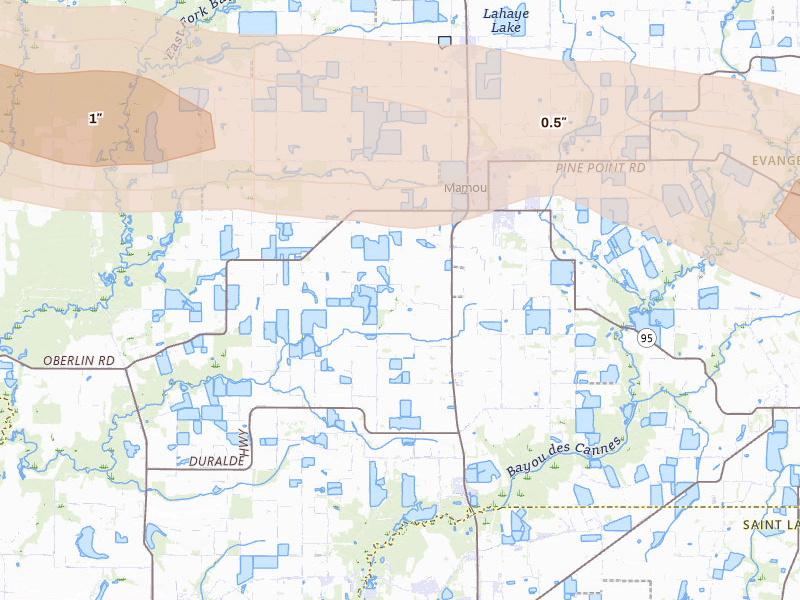 Radar-estimated hail-size map of the storm over Mamou, LA on May 8, 2026