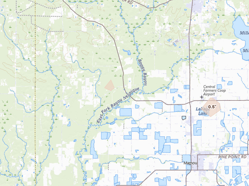 Radar-estimated hail-size map of the storm over Mamou, LA on Aug 6, 2026