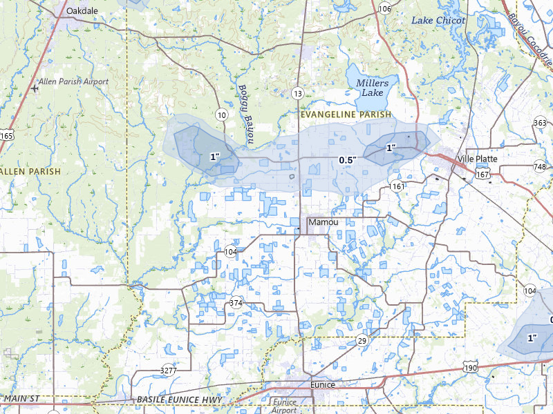 NEXRAD radar-signature map of the hail storm over Mamou, LA on Aug 6, 2026