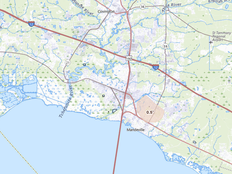 Radar-estimated hail-size map of the storm over Mandeville, LA on Jul 7, 2026