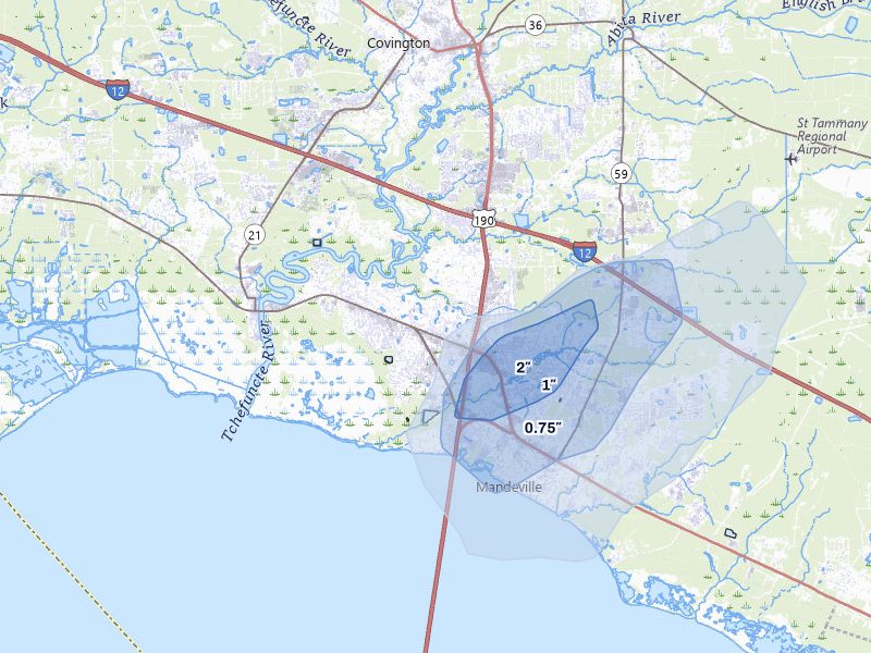 NEXRAD radar-signature map of the hail storm over Mandeville, LA on Jul 7, 2026