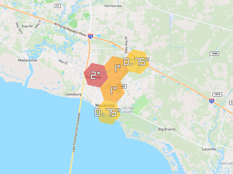 Hail map of Mandeville, LA on Jul 7, 2026, hail up to 2"