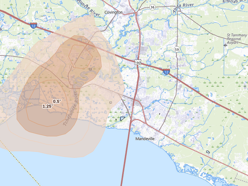 Radar-estimated hail-size map of the storm over Mandeville, LA on Aug 21, 2026