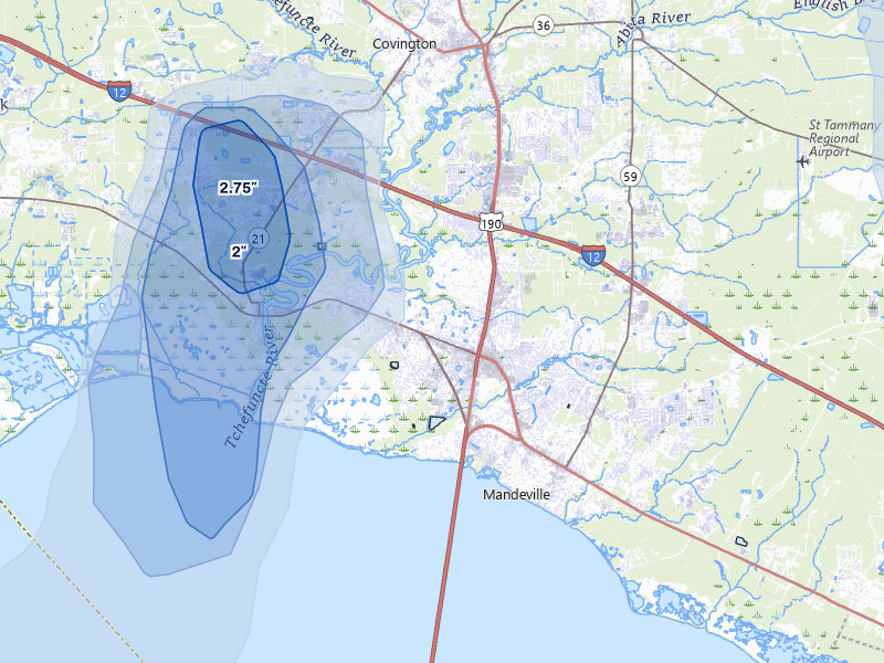 NEXRAD radar-signature map of the hail storm over Mandeville, LA on Aug 21, 2026