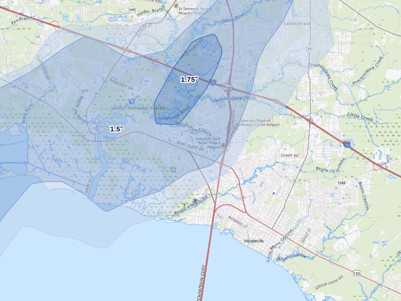 NEXRAD radar-signature map of the hail storm over Mandeville, LA on Aug 24, 2026