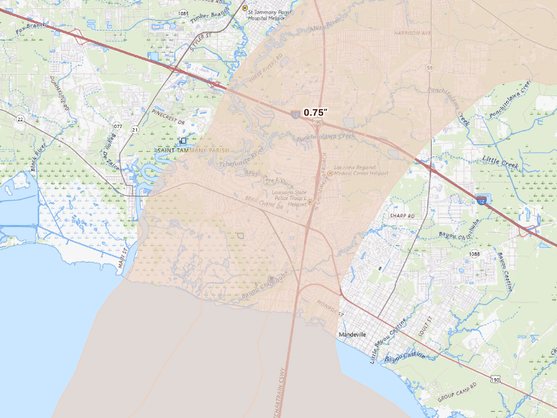 Radar-estimated hail-size map of the storm over Mandeville, LA