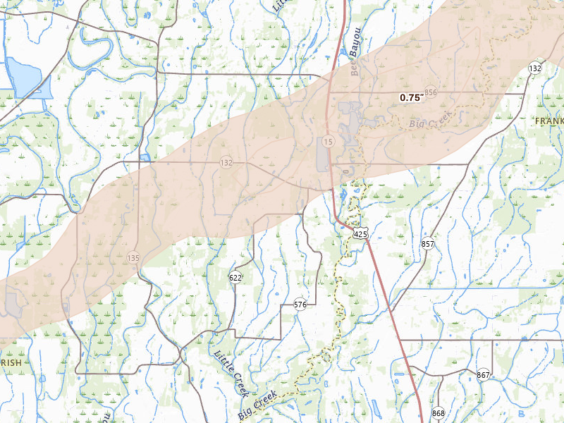 Radar-estimated hail-size map of the storm over Mangham, LA on Jan 9, 2026