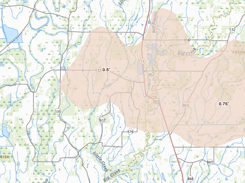 Radar-estimated hail-size map of the storm over Mangham, LA on Mar 15, 2026