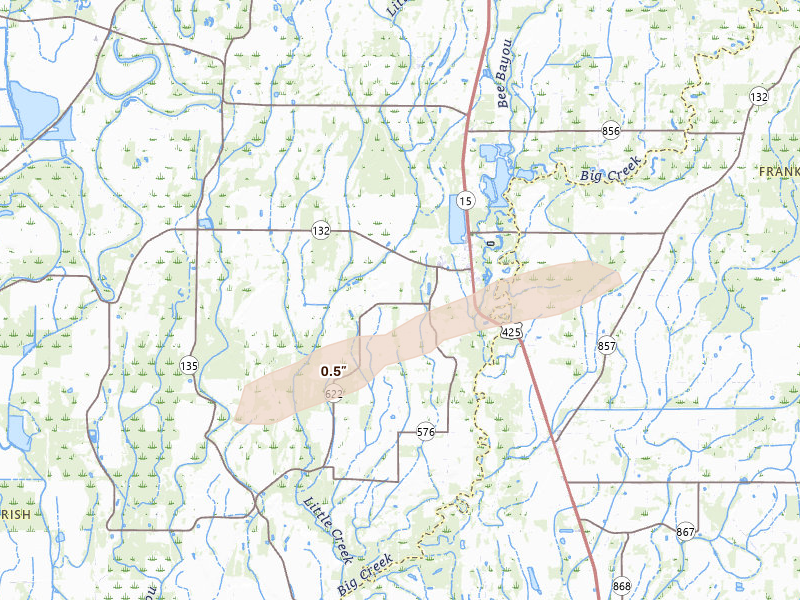 Radar-estimated hail-size map of the storm over Mangham, LA on May 6, 2026