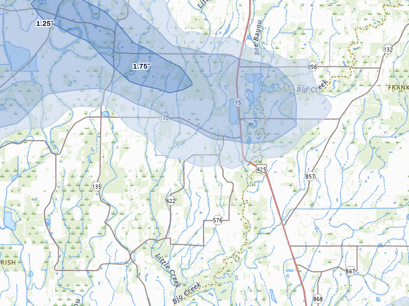 NEXRAD radar-signature map of the hail storm over Mangham, LA on Jun 1, 2026