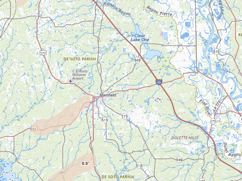 Radar-estimated hail-size map of the storm over Mansfield, LA on Mar 7, 2026