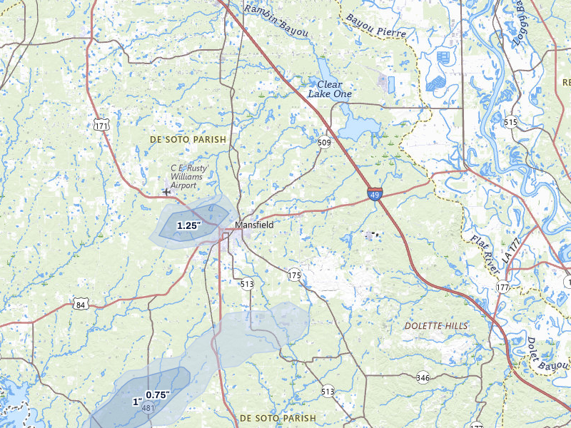 NEXRAD radar-signature map of the hail storm over Mansfield, LA on Mar 7, 2026