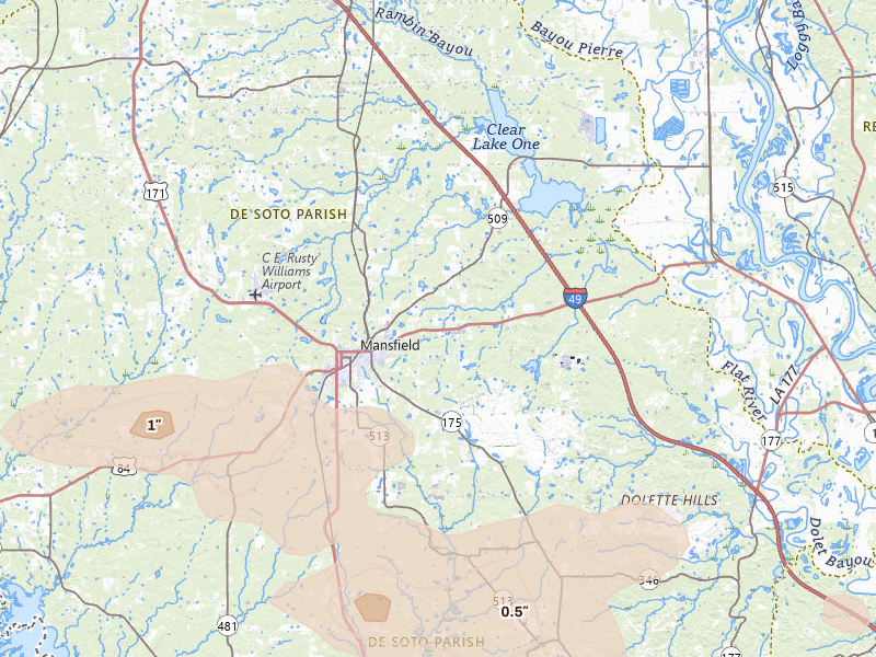 Radar-estimated hail-size map of the storm over Mansfield, LA on Mar 15, 2026
