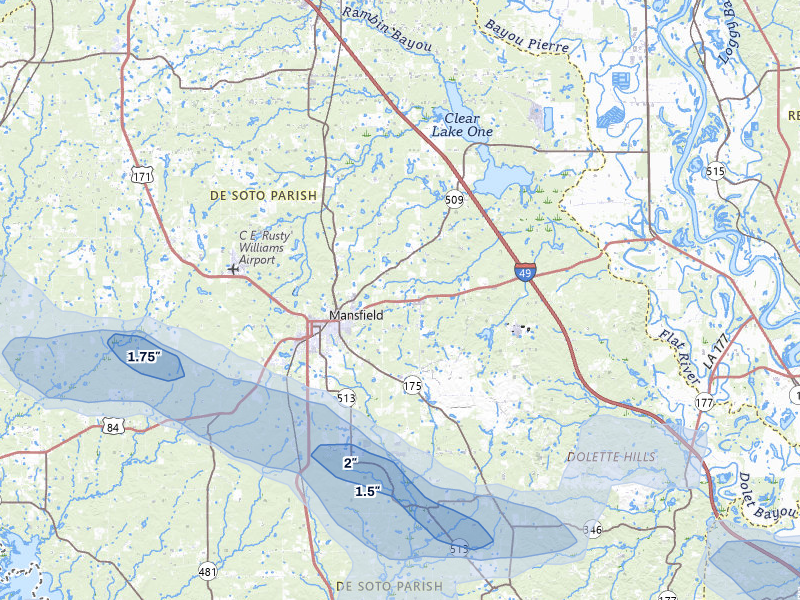 NEXRAD radar-signature map of the hail over Mansfield, LA