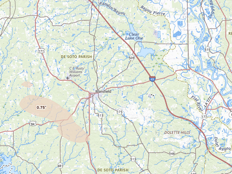 Radar-estimated hail-size map of the storm over Mansfield, LA on Apr 29, 2026