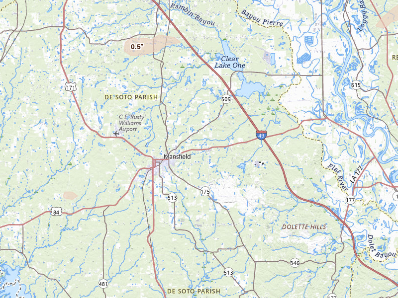 Radar-estimated hail-size map of the storm over Mansfield, LA on May 8, 2026
