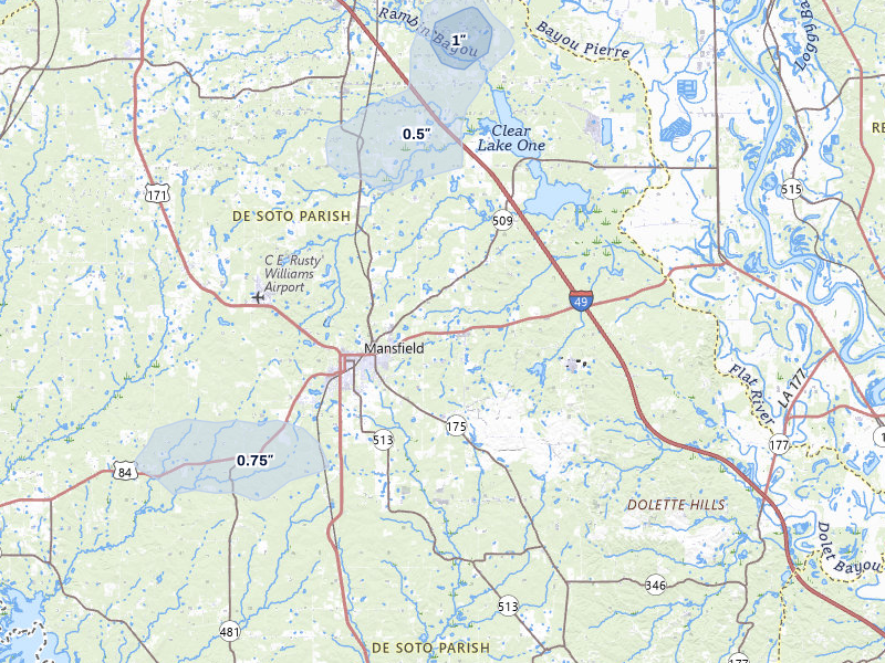 NEXRAD radar-signature map of the hail storm over Mansfield, LA on May 8, 2026