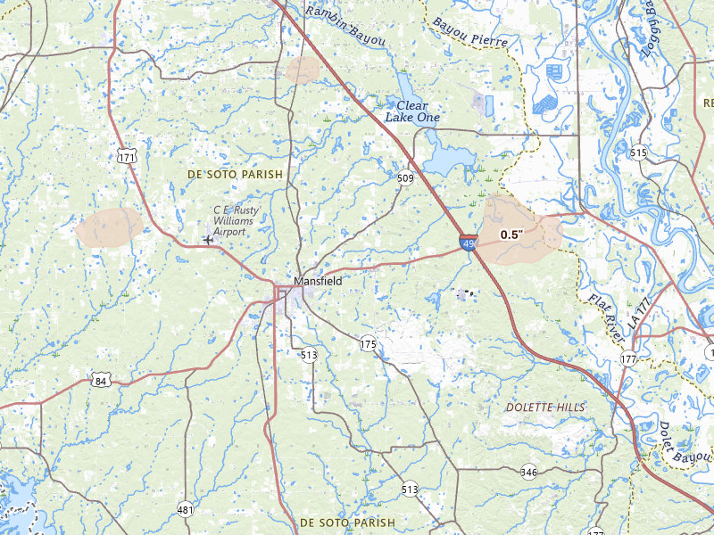 Radar-estimated hail-size map of the storm over Mansfield, LA on May 22, 2026