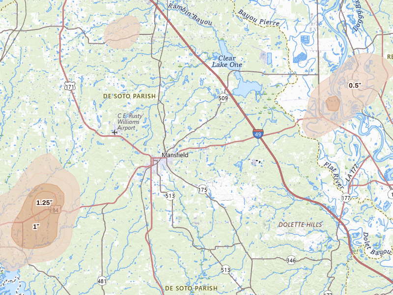 Radar-estimated hail-size map of the storm over Mansfield, LA on Jun 2, 2026