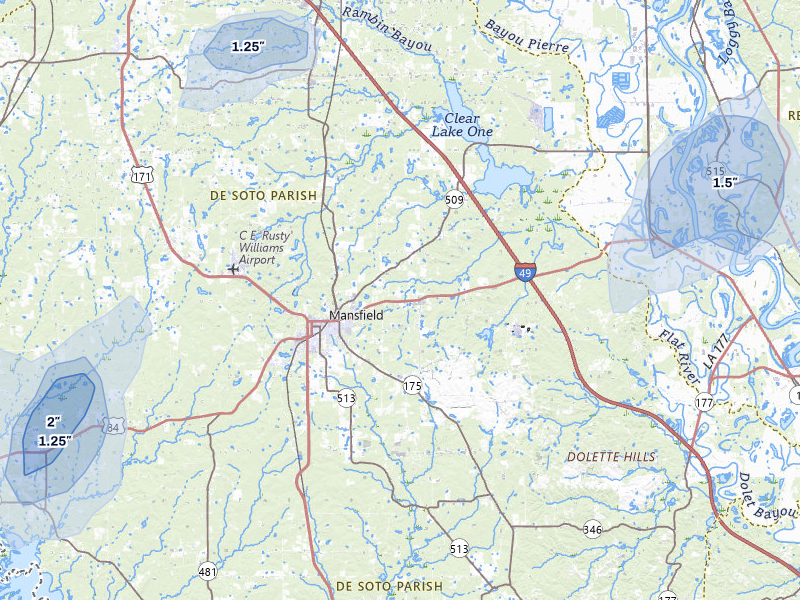 NEXRAD radar-signature map of the hail over Mansfield, LA