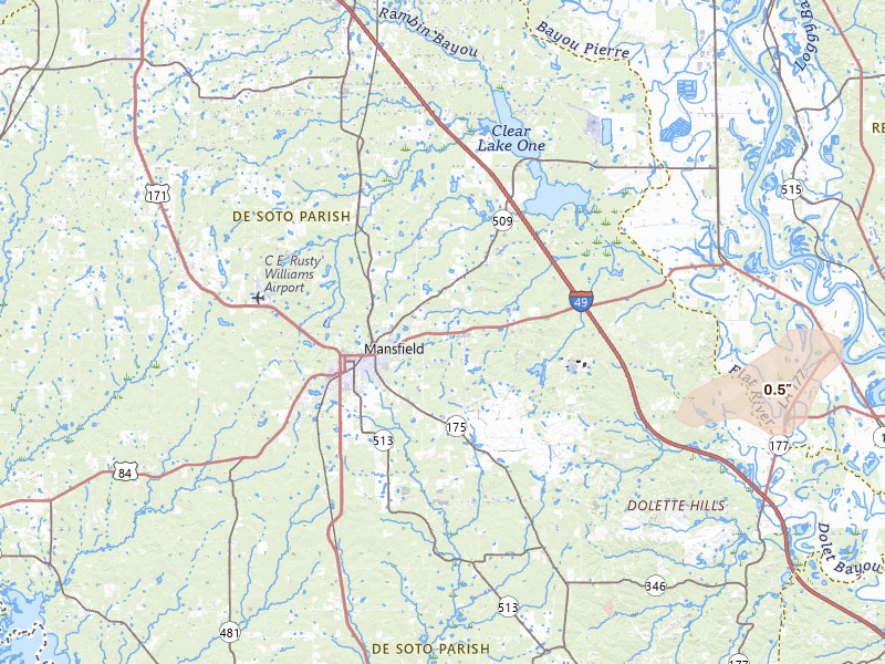 Radar-estimated hail-size map of the storm over Mansfield, LA on Jun 19, 2026