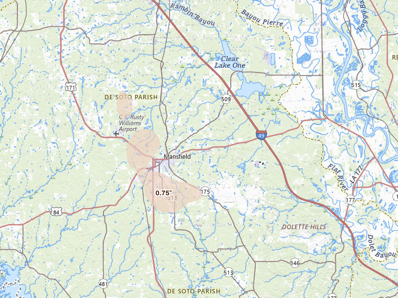 Radar-estimated hail-size map of the storm over Mansfield, LA on Jul 1, 2026
