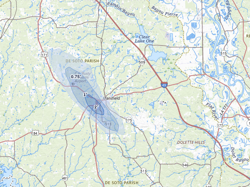 NEXRAD radar-signature map of the hail storm over Mansfield, LA on Jul 1, 2026