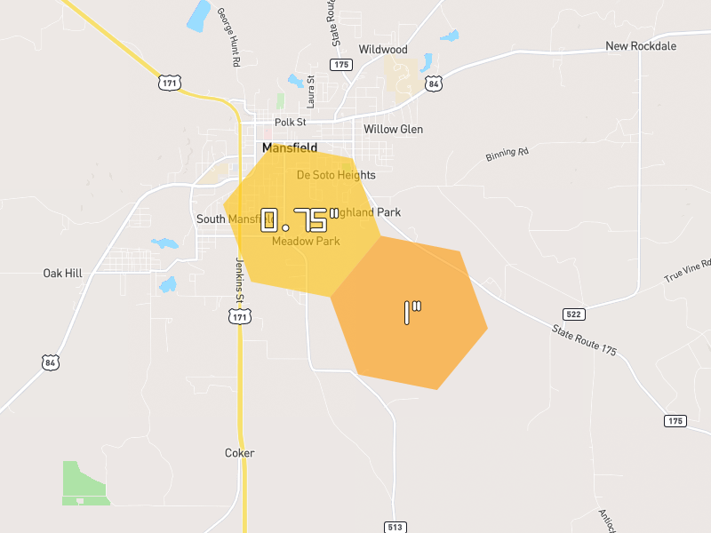 Hail map of Mansfield, LA on Jul 1, 2026, hail up to 1"